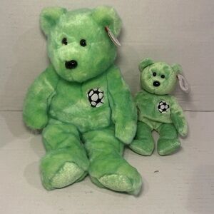 TY Beanie Buddy & Baby KICKS the Soccer Bear 14” & 8” Stuffed Animal Toy